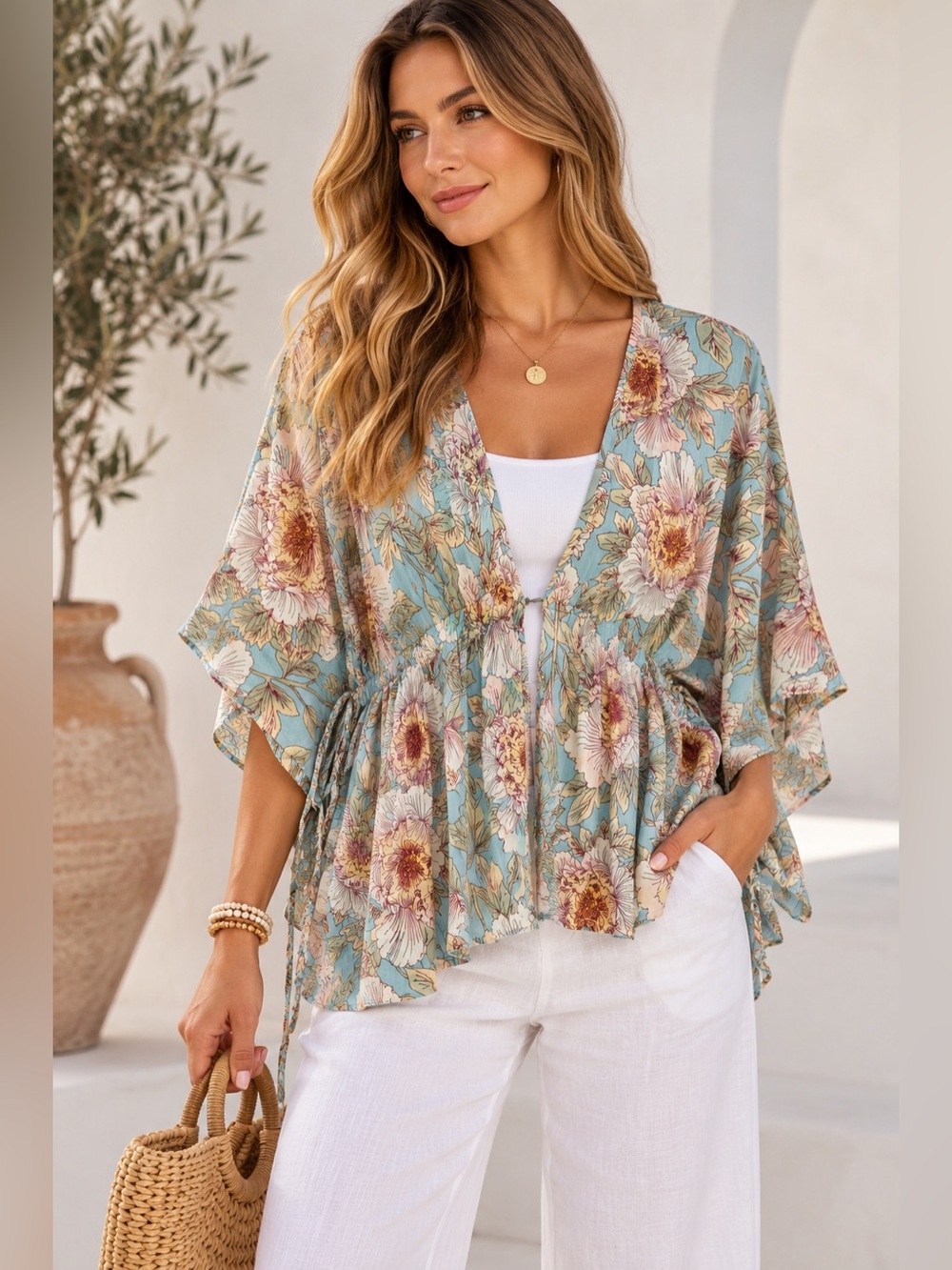 Haute Hippie Tribe Floral Kimono Blouse Aqua Boho Dolman Top Size L